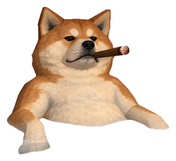 Smoke Inu, a shiba inu with a lit cigar, leaning back in the bath