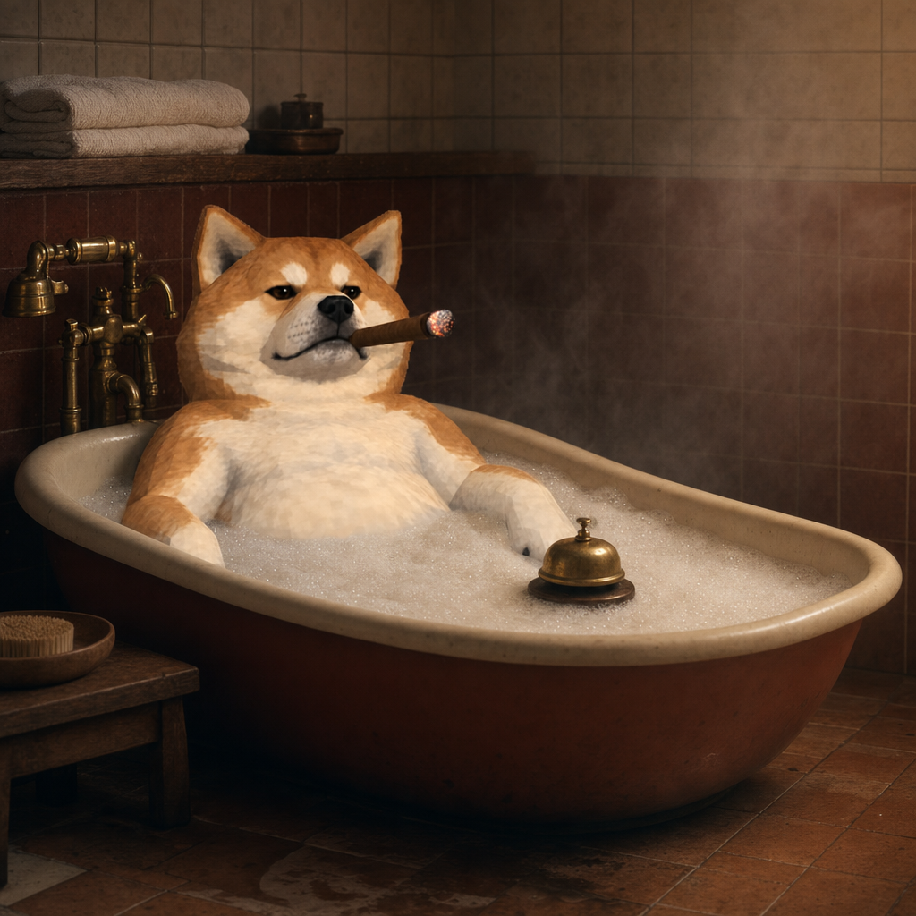 Smoke Inu soaking in a foamy clawfoot tub in a dim tiled bathhouse, cigar lit, a brass service bell on the rim